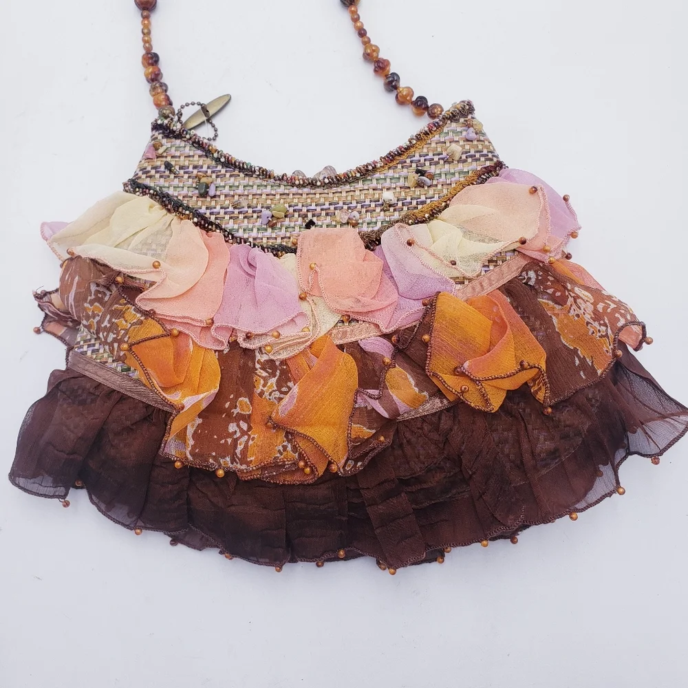 Mary Frances Beaded Tulle Ruffle Wicker Shoulder Bag‎ Mother of Pearl Earthtones